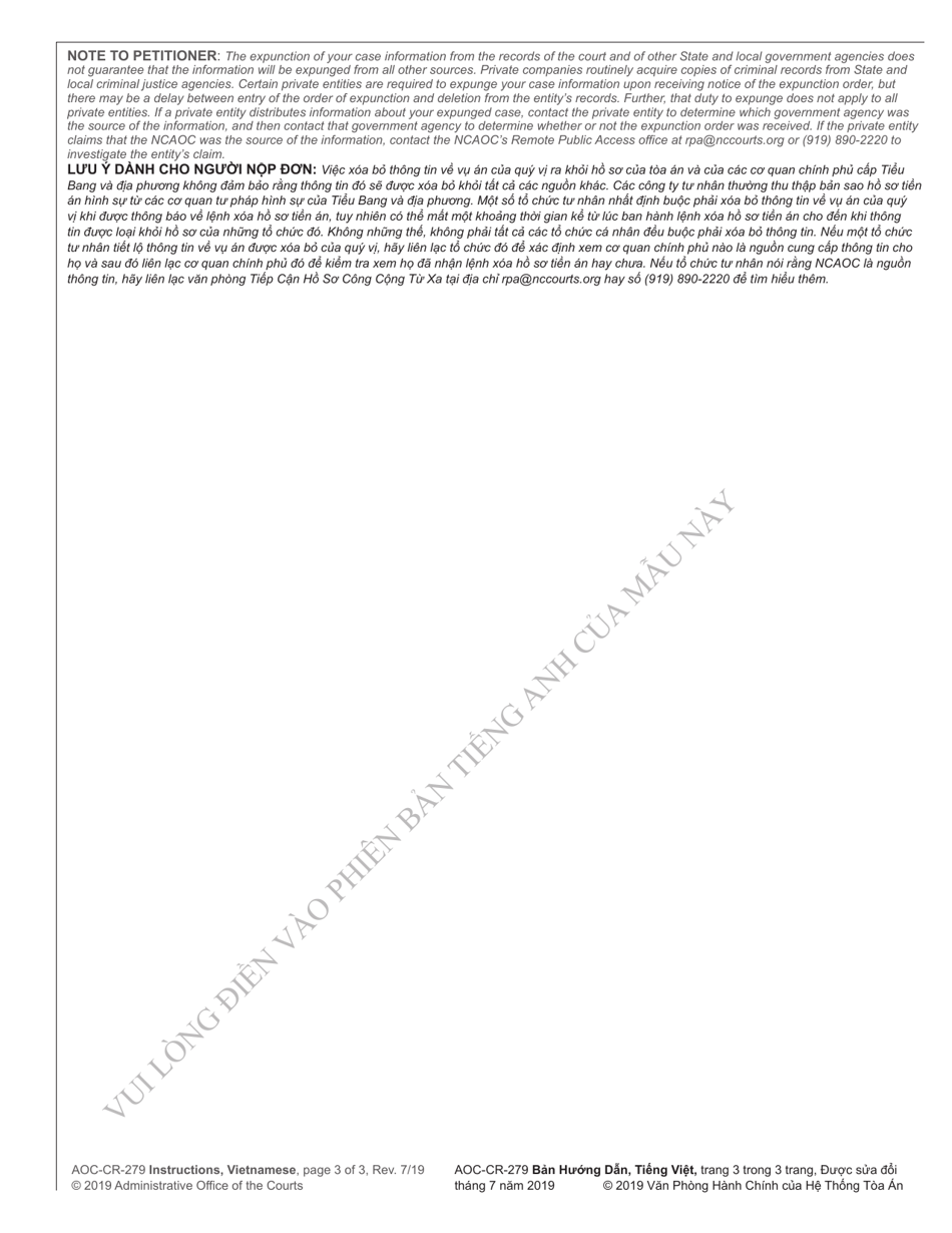 Instructions for Form AOC-CR-279 Petition and Order of Expunction Under G.s. 15a-145.4 (Nonviolent Felony Under Age 18) - North Carolina (English / Vietnamese), Page 3