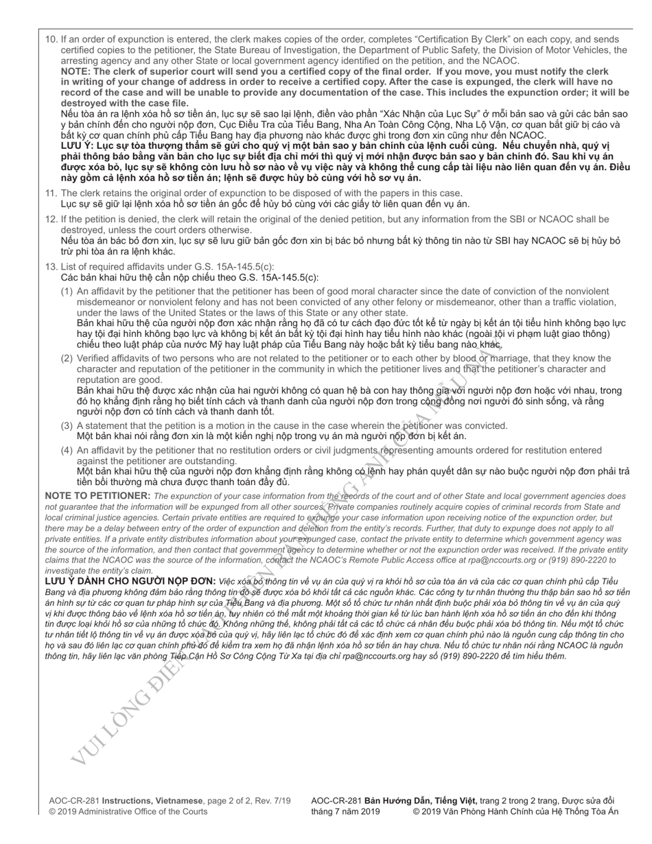 Instructions for Form AOC-CR-281 Petition and Order of Expunction Under G.s. 15a-145.5 (Nonviolent Felony or Nonviolent Misdemeanor) - North Carolina (English / Vietnamese), Page 2