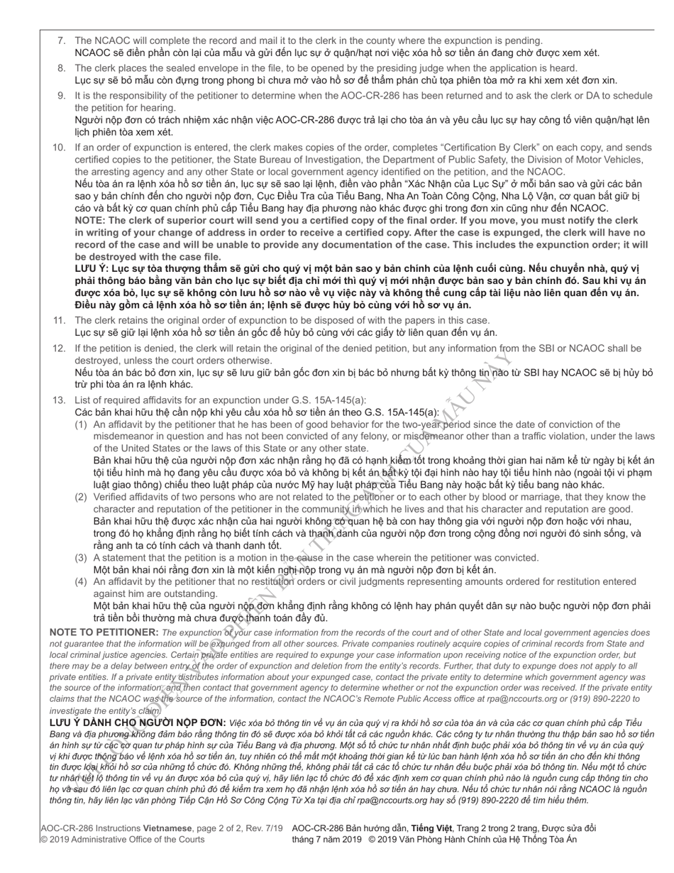 Instructions for Form AOC-CR-286 Petition and Order of Expunction Under G.s. 15a-145(A) (Non-traffic Misdemeanor Under Age 18 or Misdemeanor Possession of Alcohol Under Age 21) - North Carolina (English / Vietnamese), Page 2