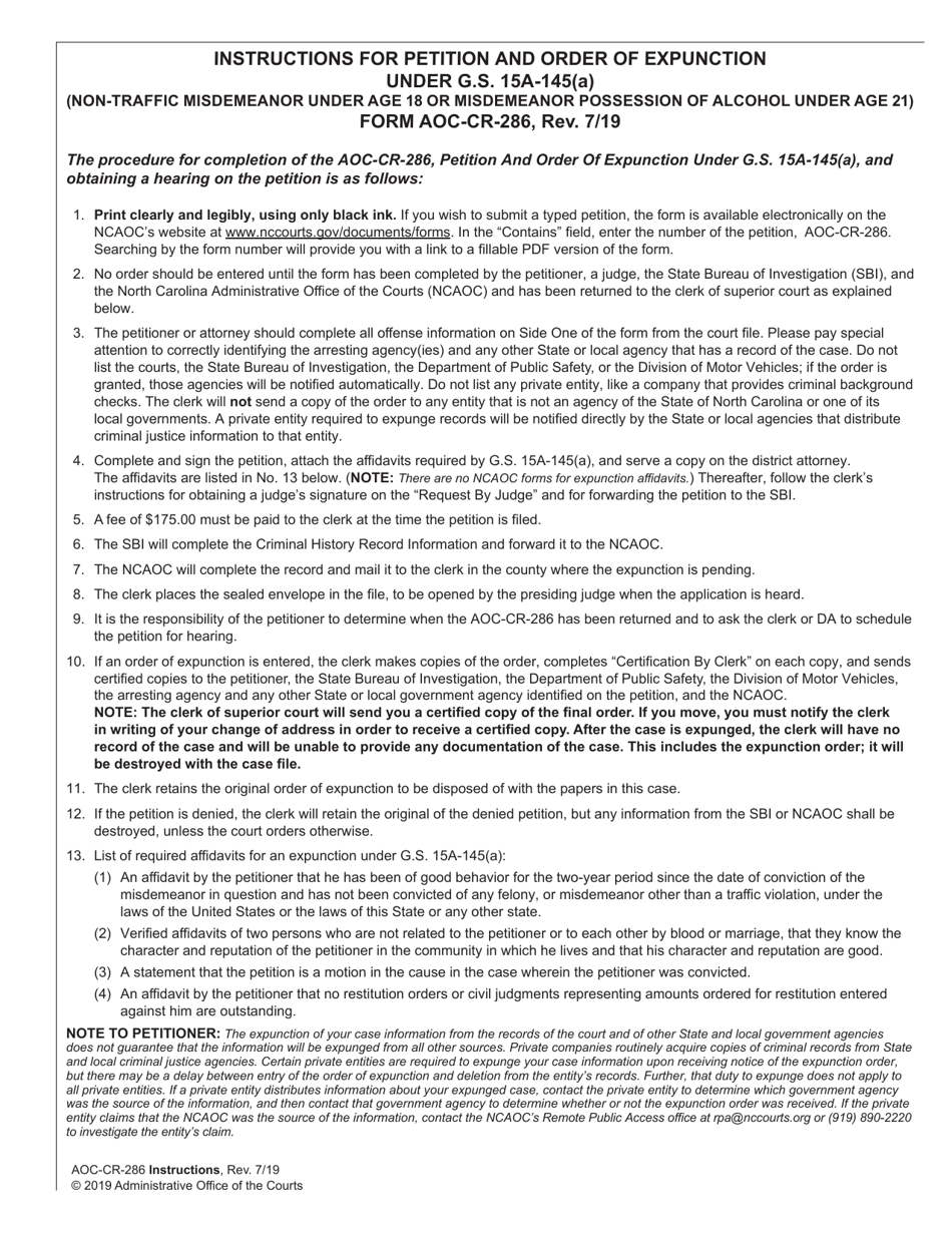 Instructions for Form AOC-CR-286 Petition and Order of Expunction Under G.s. 15a-145(A) (Non-traffic Misdemeanor Under Age 18 or Misdemeanor Possession of Alcohol Under Age 21) - North Carolina, Page 1