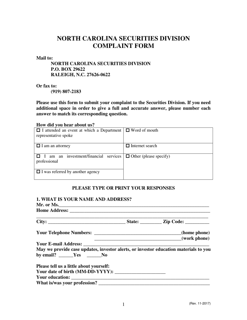 Complaint Form - North Carolina, Page 1