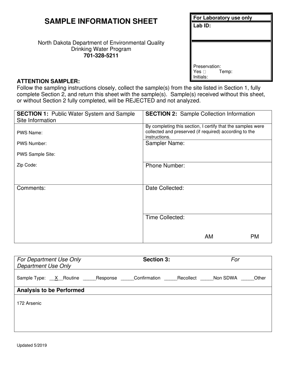 Arsenic Sample Information Sheet - North Dakota, Page 1