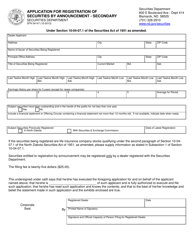 Form SFN54147 &quot;Application for Registration of Securities by Announcement - Secondary&quot; - North Dakota