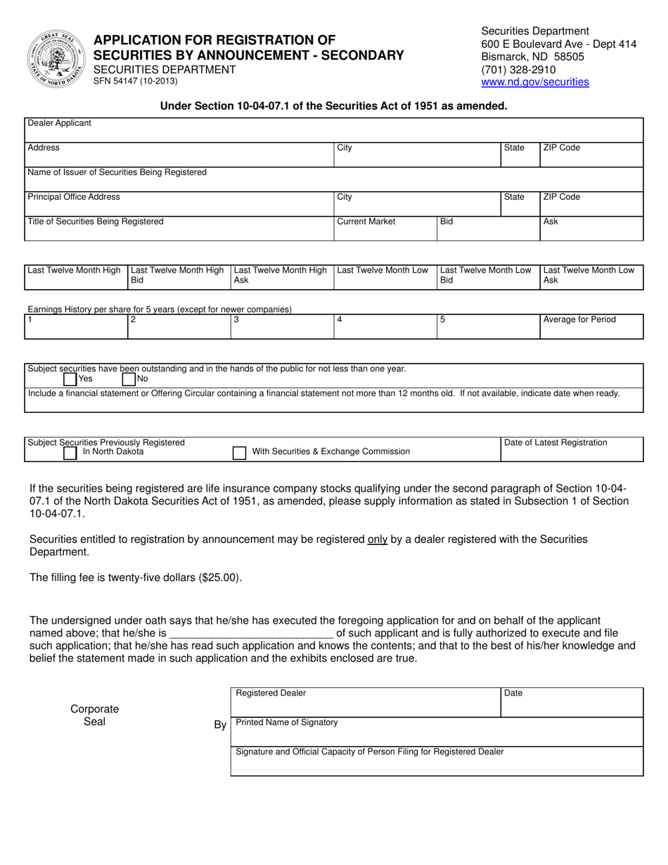 Form SFN54147 Application for Registration of Securities by Announcement - Secondary - North Dakota, Page 1