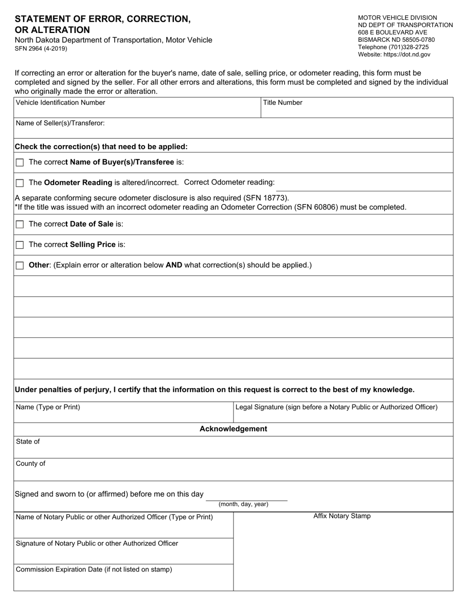 Form SFN2964 Statement of Error, Correction, or Alteration - North Dakota, Page 1