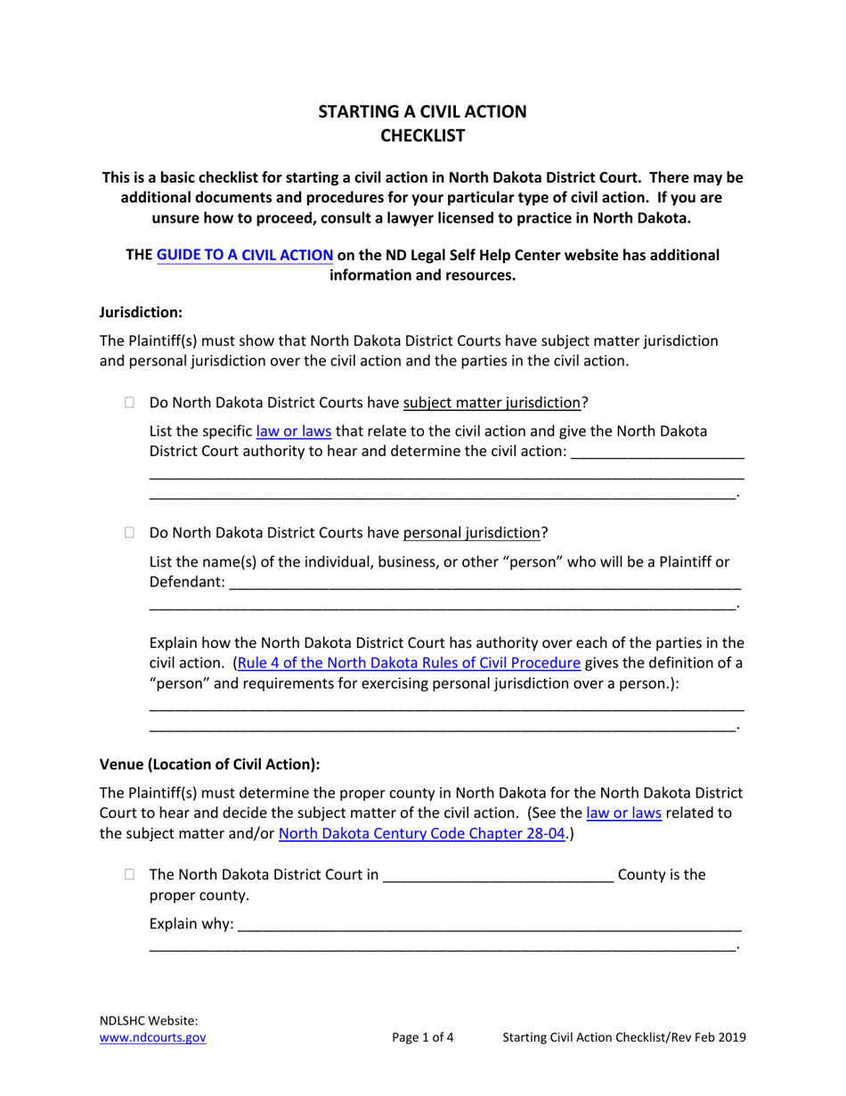 Starting a Civil Action Checklist - North Dakota, Page 1