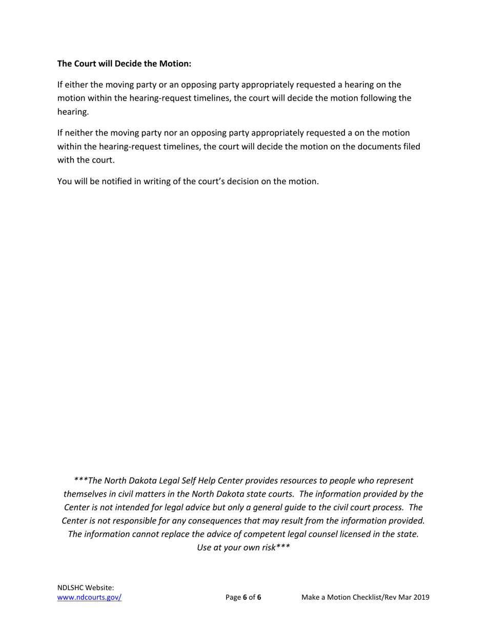 Making a Motion in a Civil Action Checklist - North Dakota, Page 6
