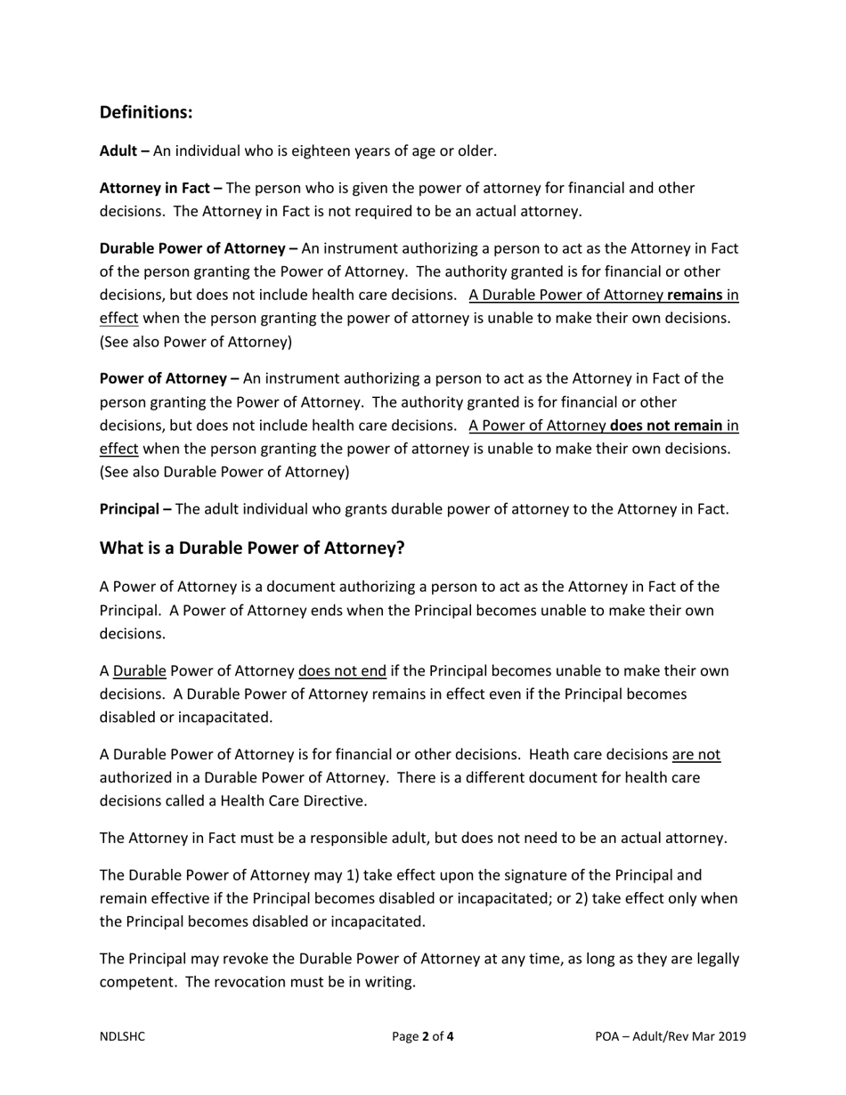 General Durable Power of Attorney - North Dakota, Page 2