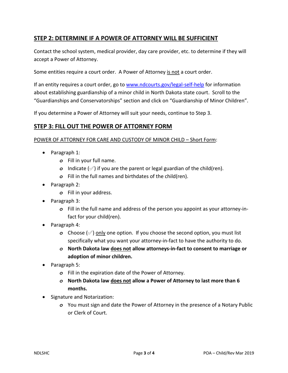 Instructions for Power of Attorney for Care and Custody of Minor Child(Ren) - North Dakota, Page 3