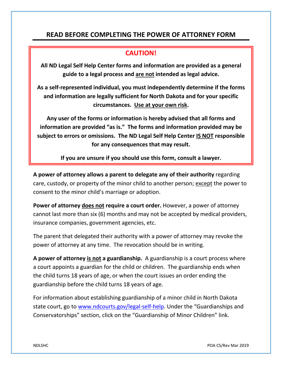 North Dakota Power of Attorney for Care and Custody of Minor Child