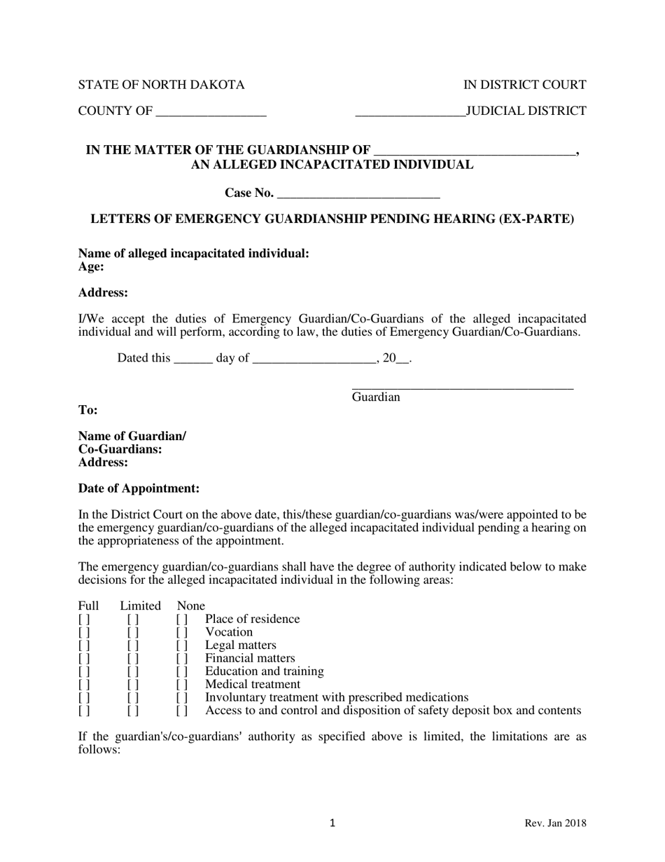 Letters of Emergency Guardianship Pending Hearing (Ex-parte) - North Dakota, Page 1