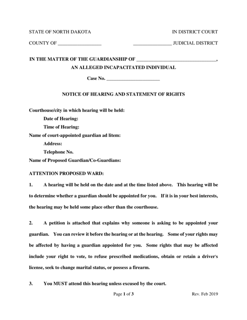 Notice of Hearing and Statement of Rights - North Dakota Download Pdf