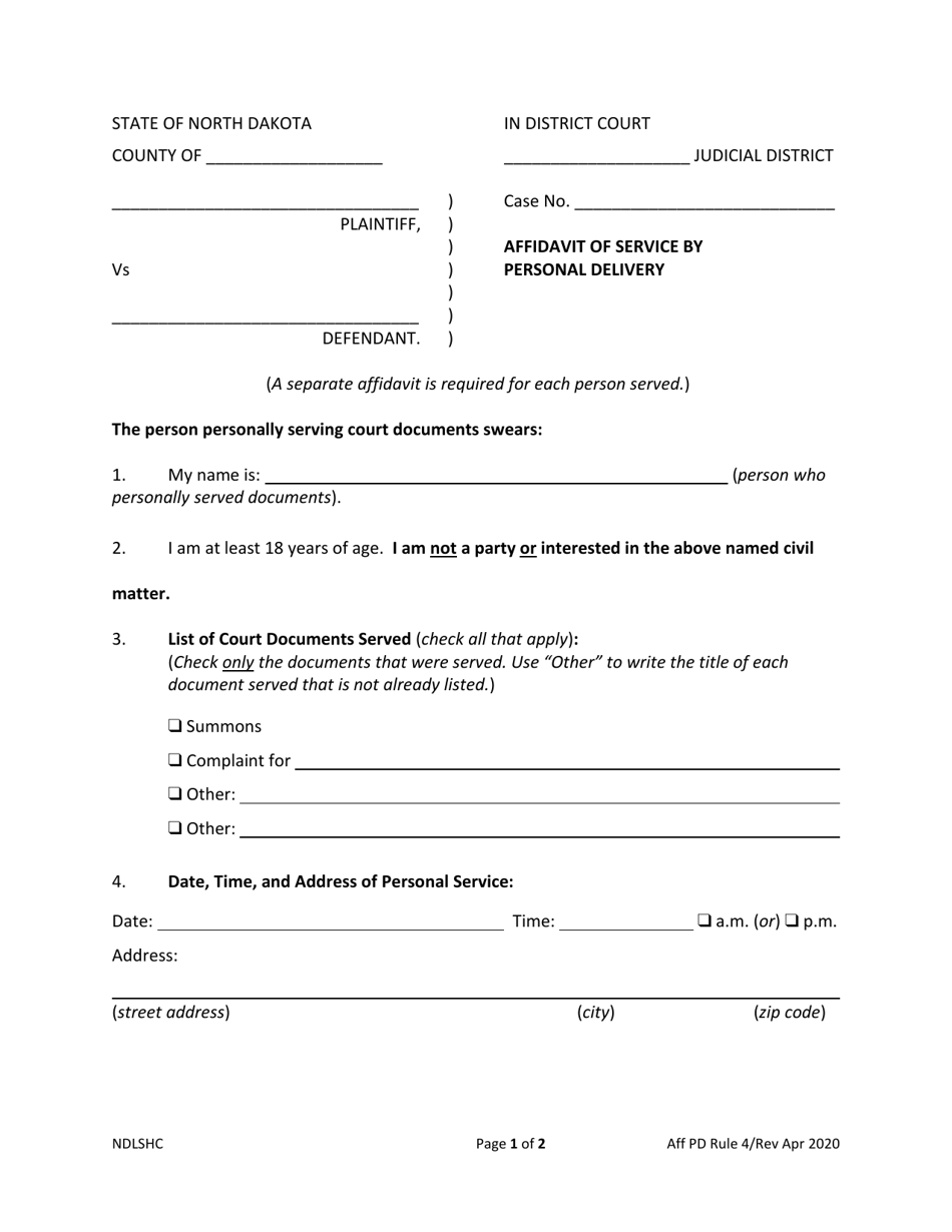 Affidavit of Service by Personal Delivery - North Dakota, Page 1