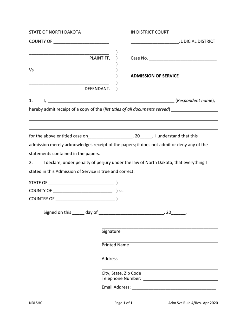 North Dakota Admission of Service Fill Out, Sign Online and Download PDF Templateroller