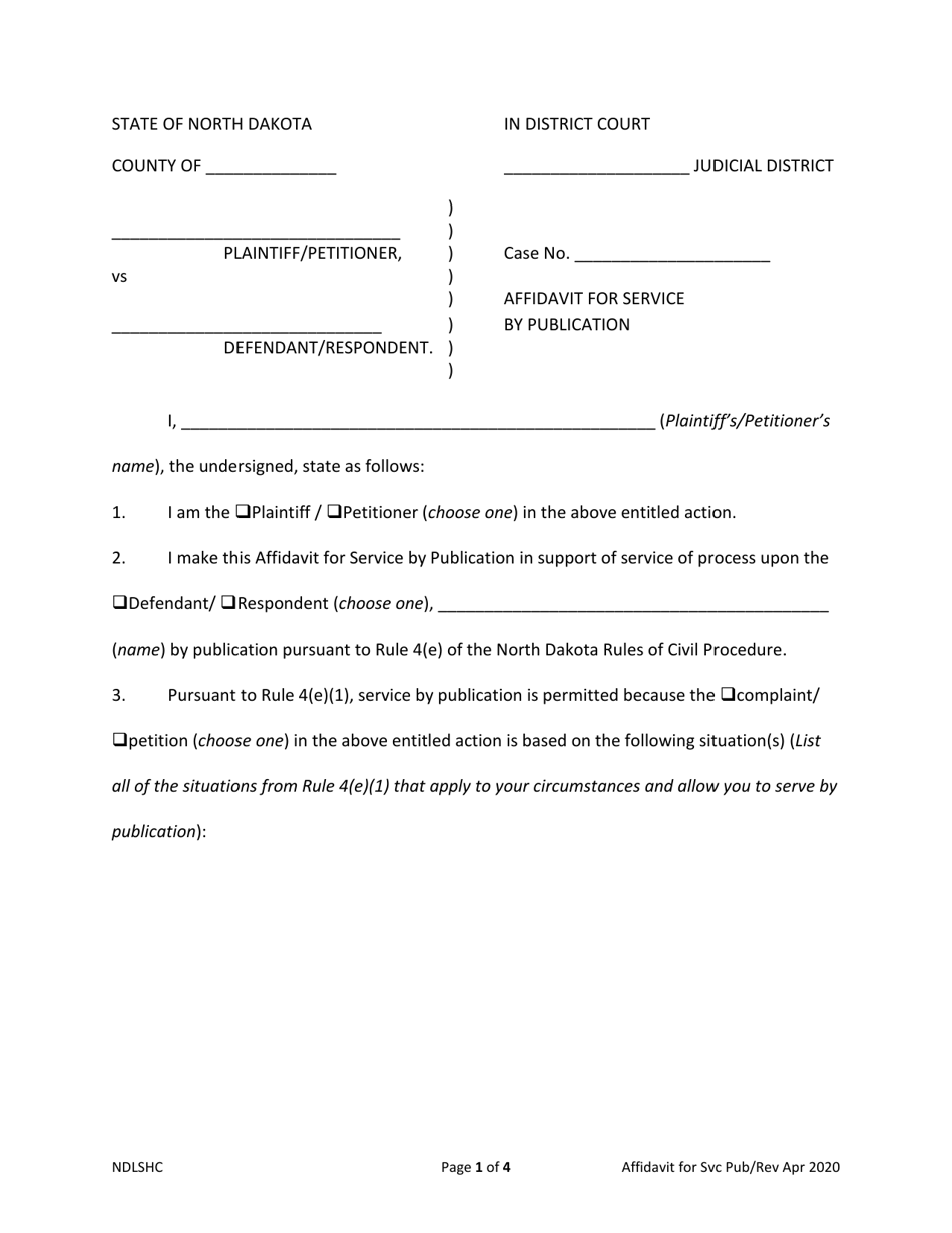 Affidavit for Service by Publication - North Dakota, Page 1