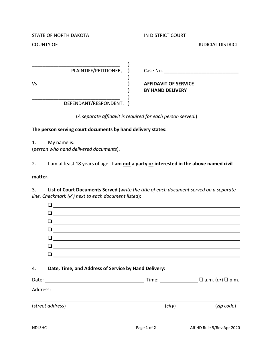 Affidavit of Service by Hand Delivery - North Dakota, Page 1