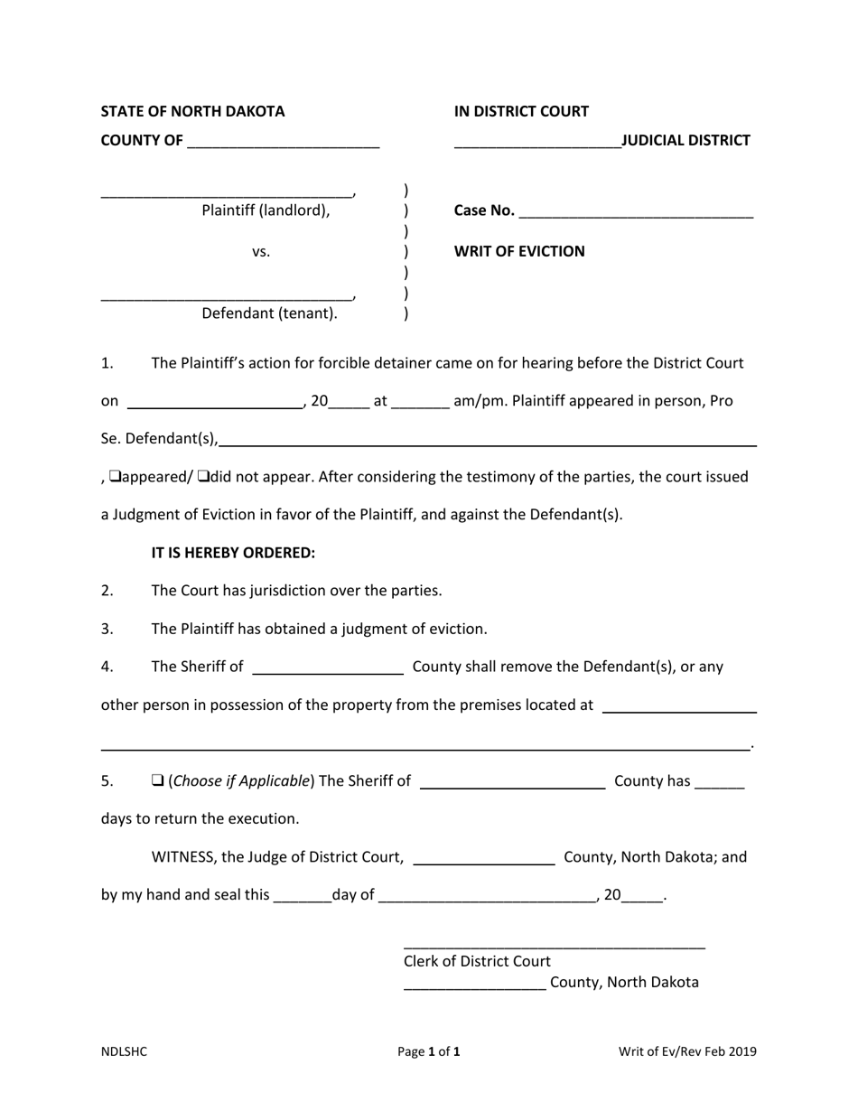 Writ of Eviction Clerk of Court Signature - North Dakota, Page 1