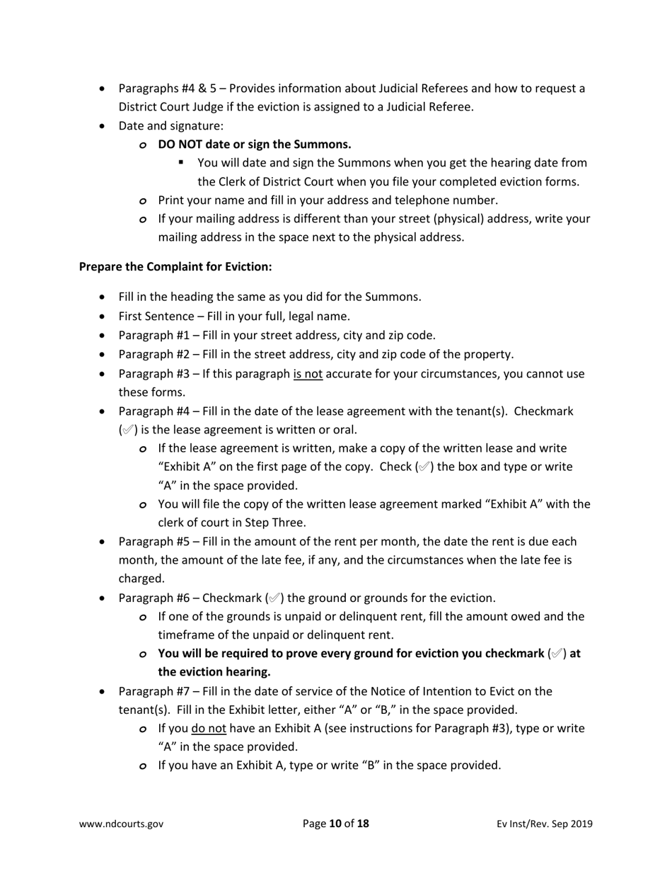 Instructions for Eviction Forms - North Dakota, Page 10