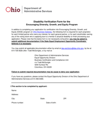 Document preview: Disability Verification Form for the Encouraging Diversity, Growth, and Equity Program - Ohio