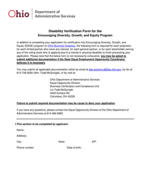 Disability Verification Form for the Encouraging Diversity, Growth, and Equity Program - Ohio Download Pdf