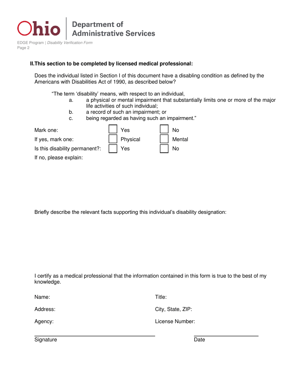 Disability Verification Form for the Encouraging Diversity, Growth, and Equity Program - Ohio, Page 2