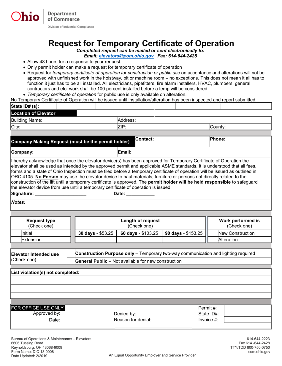 Form DIC-18-0008 Request for Temporary Certificate of Operation - Ohio, Page 1