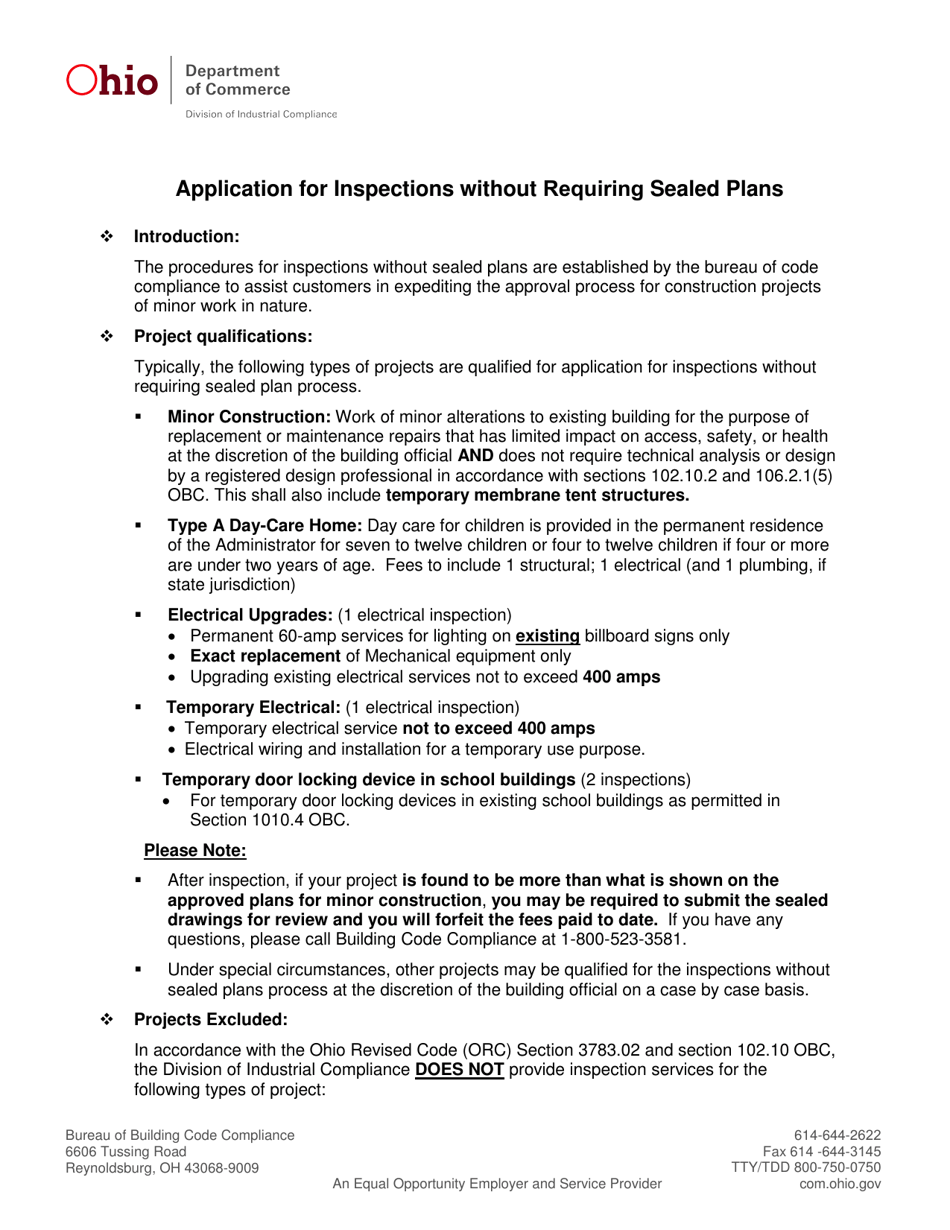Form DIC-3018 Application for Inspection Without Requiring Sealed Plans - Ohio, Page 1