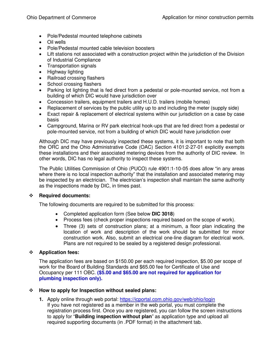 Form DIC-3018 Application for Inspection Without Requiring Sealed Plans - Ohio, Page 2