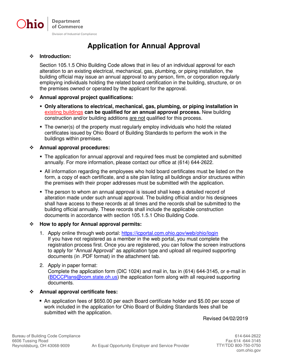 Form DIC1024 Ohio Application for Annual Approval - Ohio, Page 1