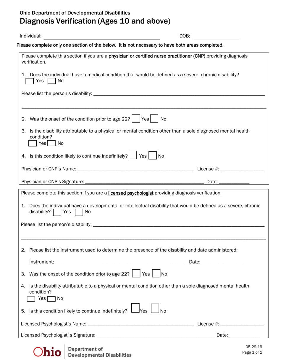 Ohio Diagnosis Verification (Ages 10 and Above) Fill Out, Sign Online