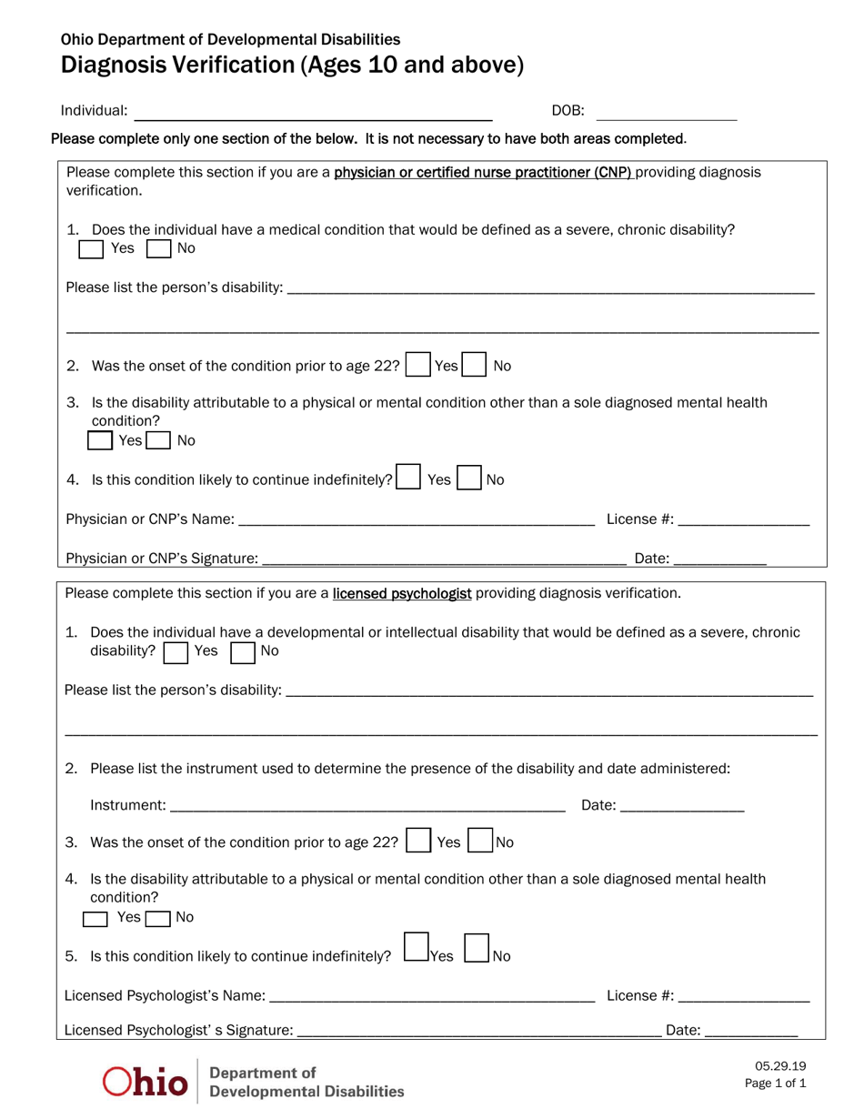 Diagnosis Verification (Ages 10 and Above) - Ohio, Page 1