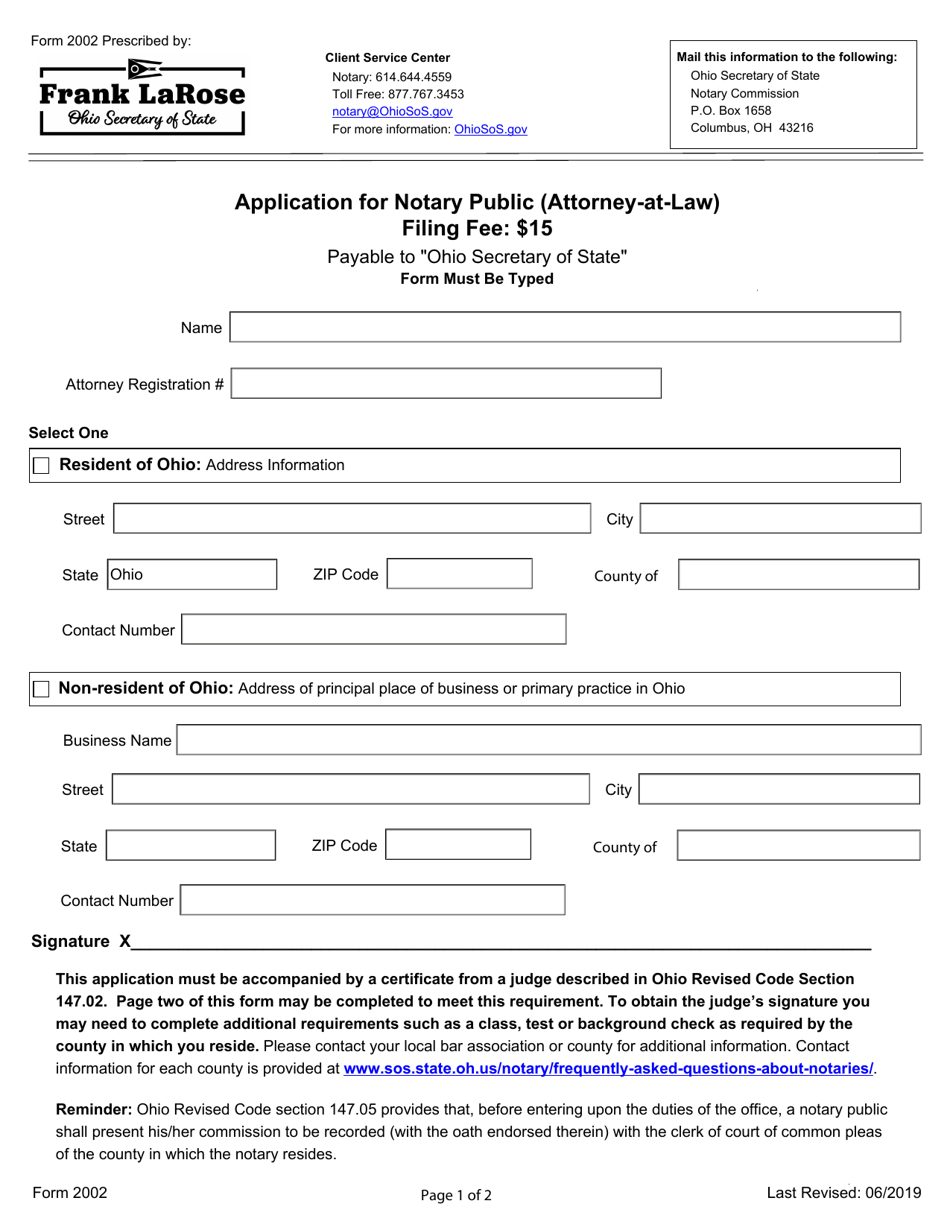 Form 2002 Application for Notary Public (Attorney-At-Law) - Ohio, Page 1