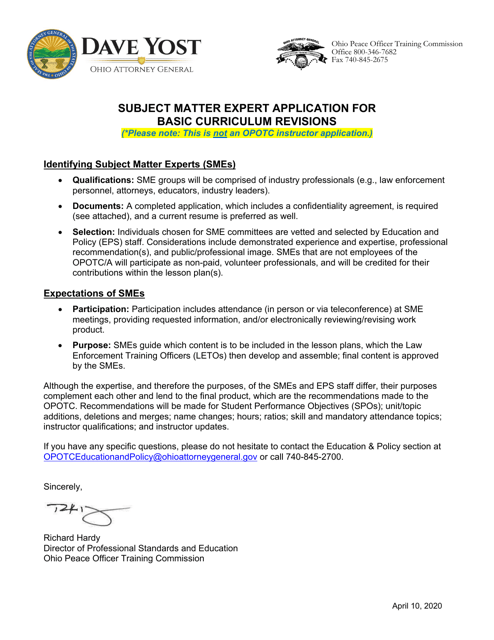 Subject Matter Expert Application Form - Private Security Basic Training - Ohio Download Pdf