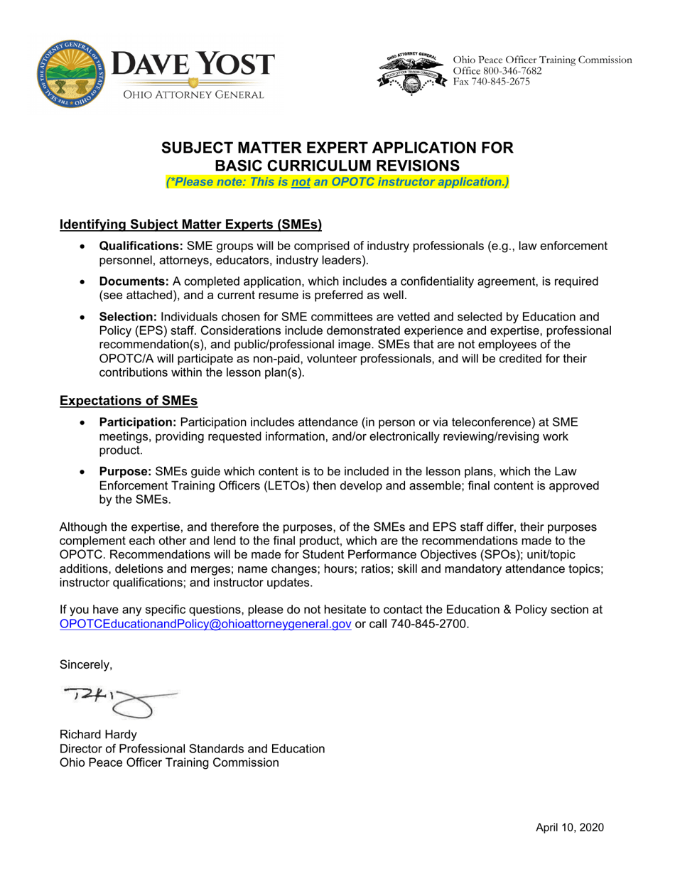 Subject Matter Expert Application Form - Corrections Basic Training - Ohio, Page 1