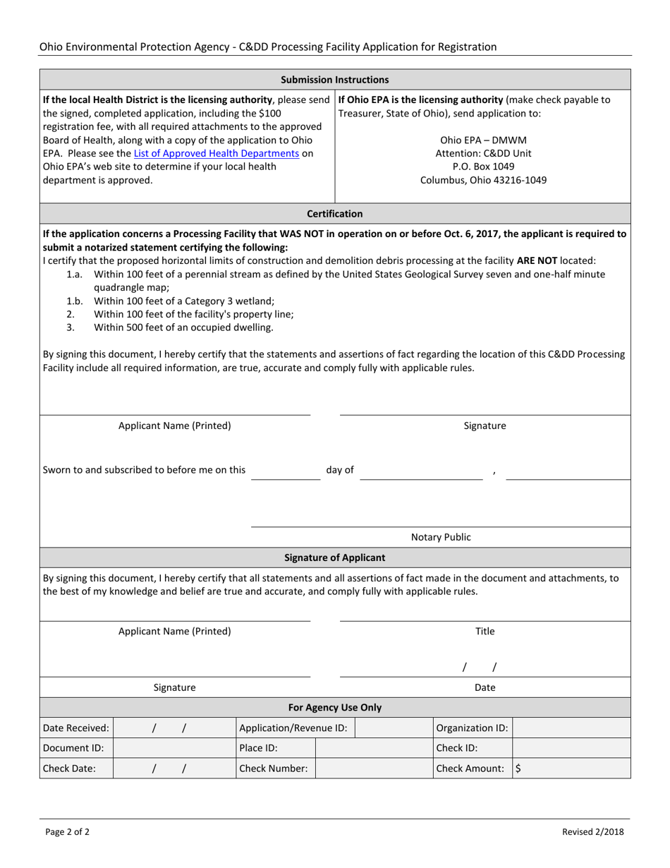 CDD Processing Facility Application for Registration - Ohio, Page 2