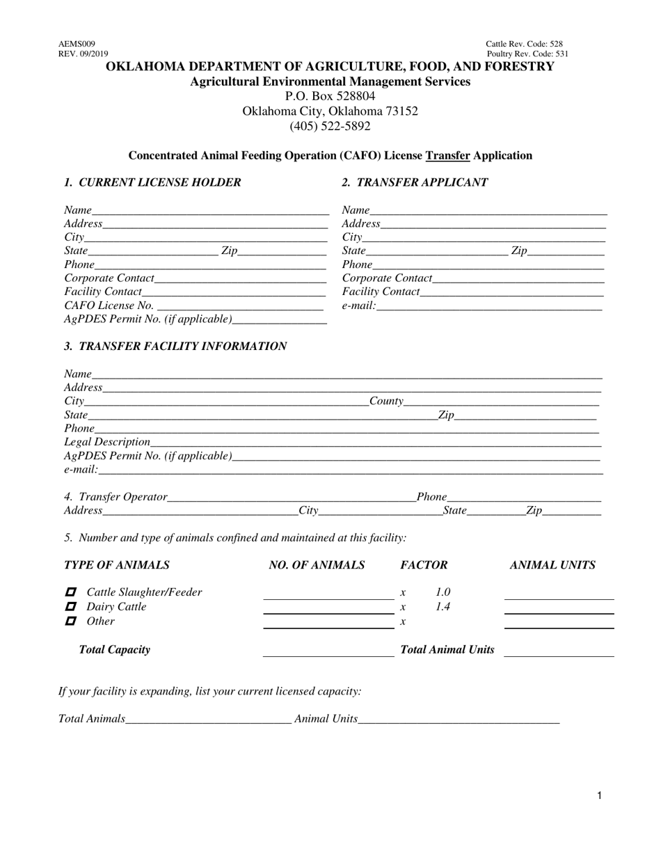 Form AEMS009 Concentrated Animal Feeding Operation (Cafo) License Transfer Application - Oklahoma, Page 1