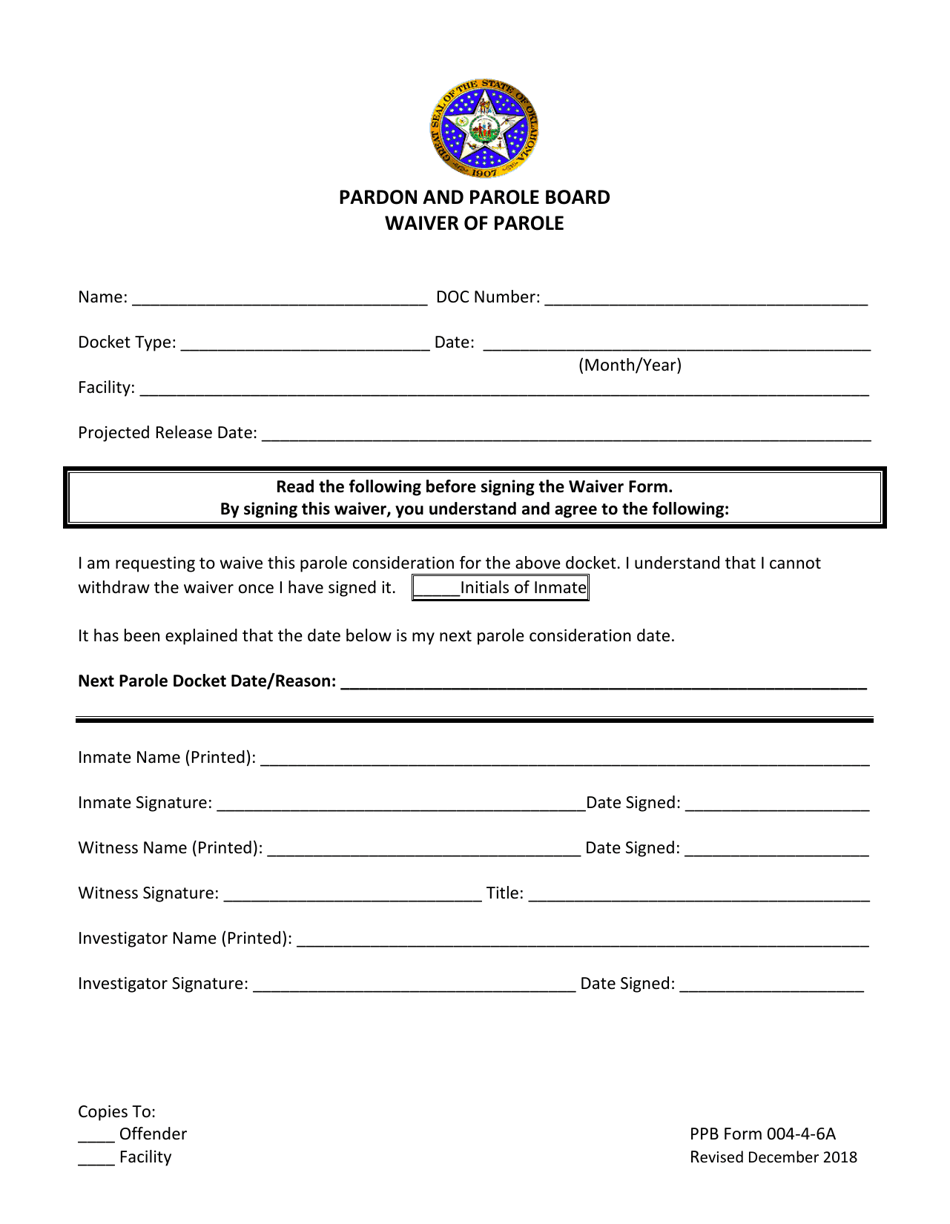 PPB Form 004-4-6A Waiver of Parole - Oklahoma, Page 1