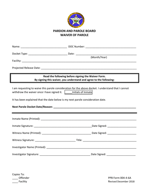 PPB Form 004-4-6A Waiver of Parole - Oklahoma