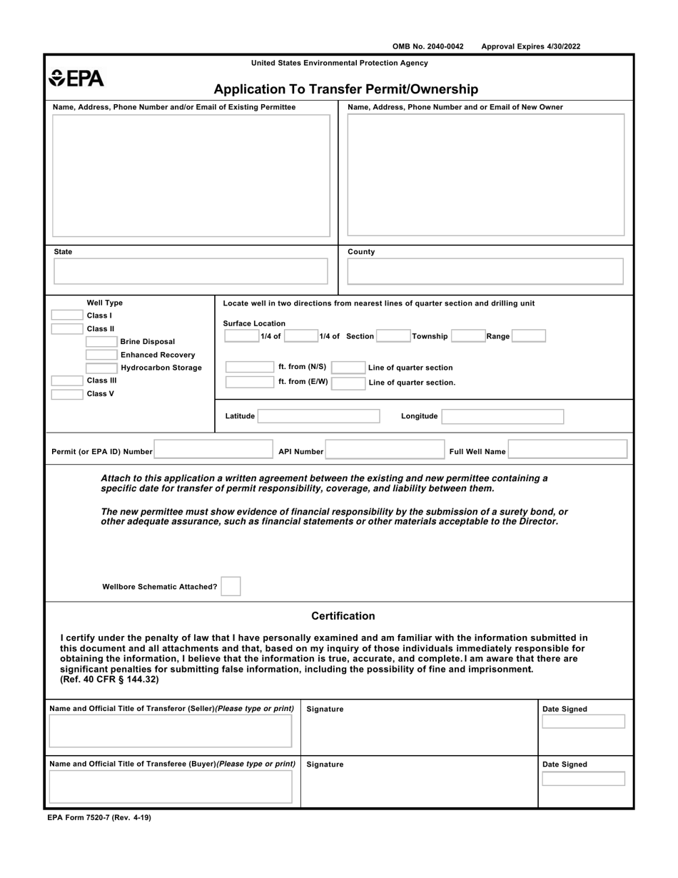 EPA Form 7520-7 Application to Transfer Permit / Ownership, Page 1