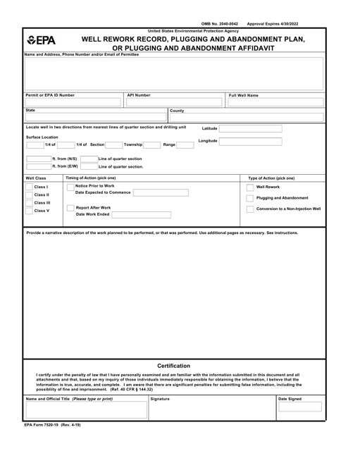 EPA Form 7520-19 Well Rework Record, Plugging and Abandonment Plan, or Plugging and Abandonment Affidavit