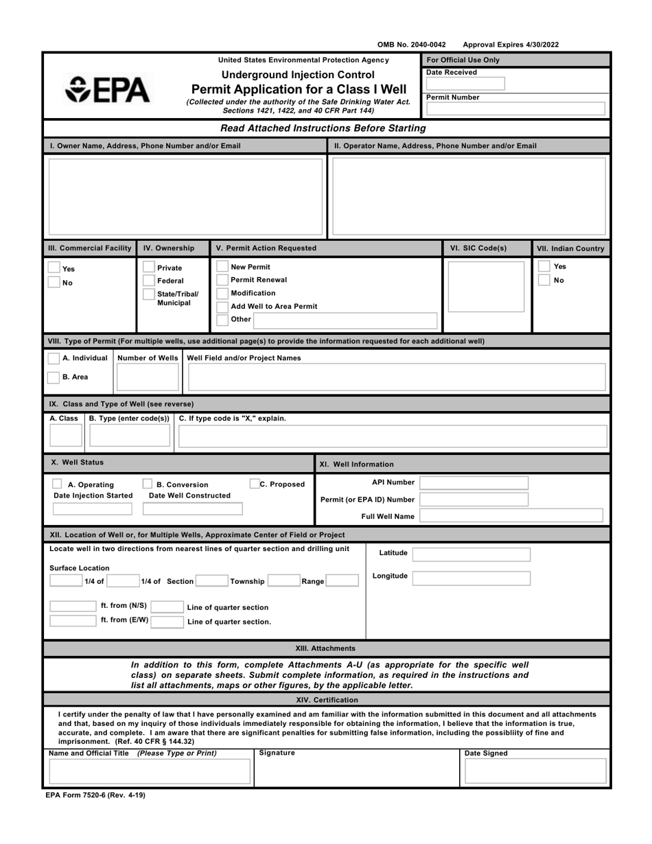 EPA Form 7520-6 Permit Application for a Class I Well, Page 1