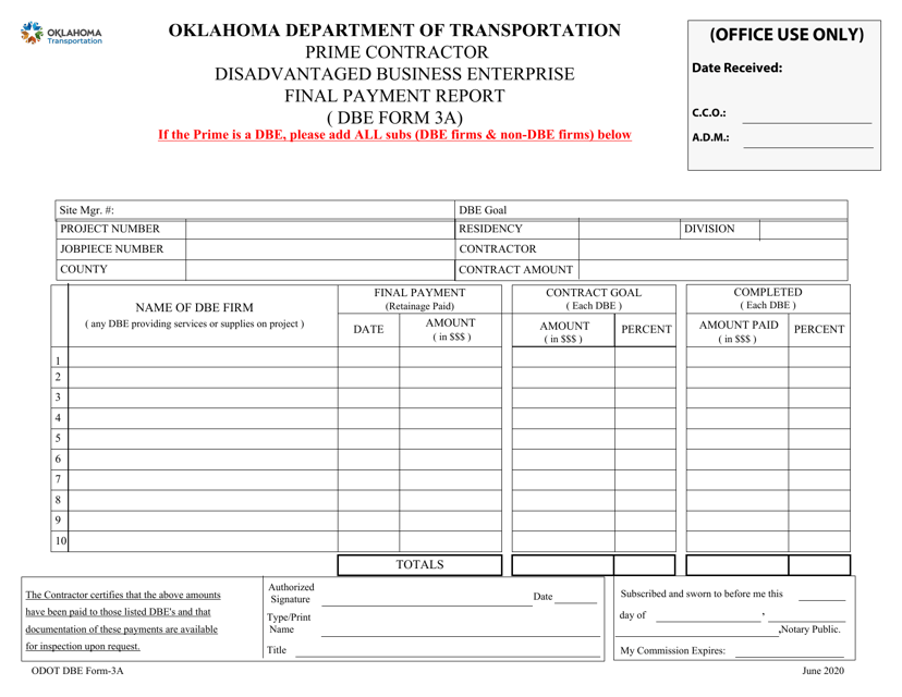 DBE Form 3A Prime Contractor - Final Payment Report - Oklahoma
