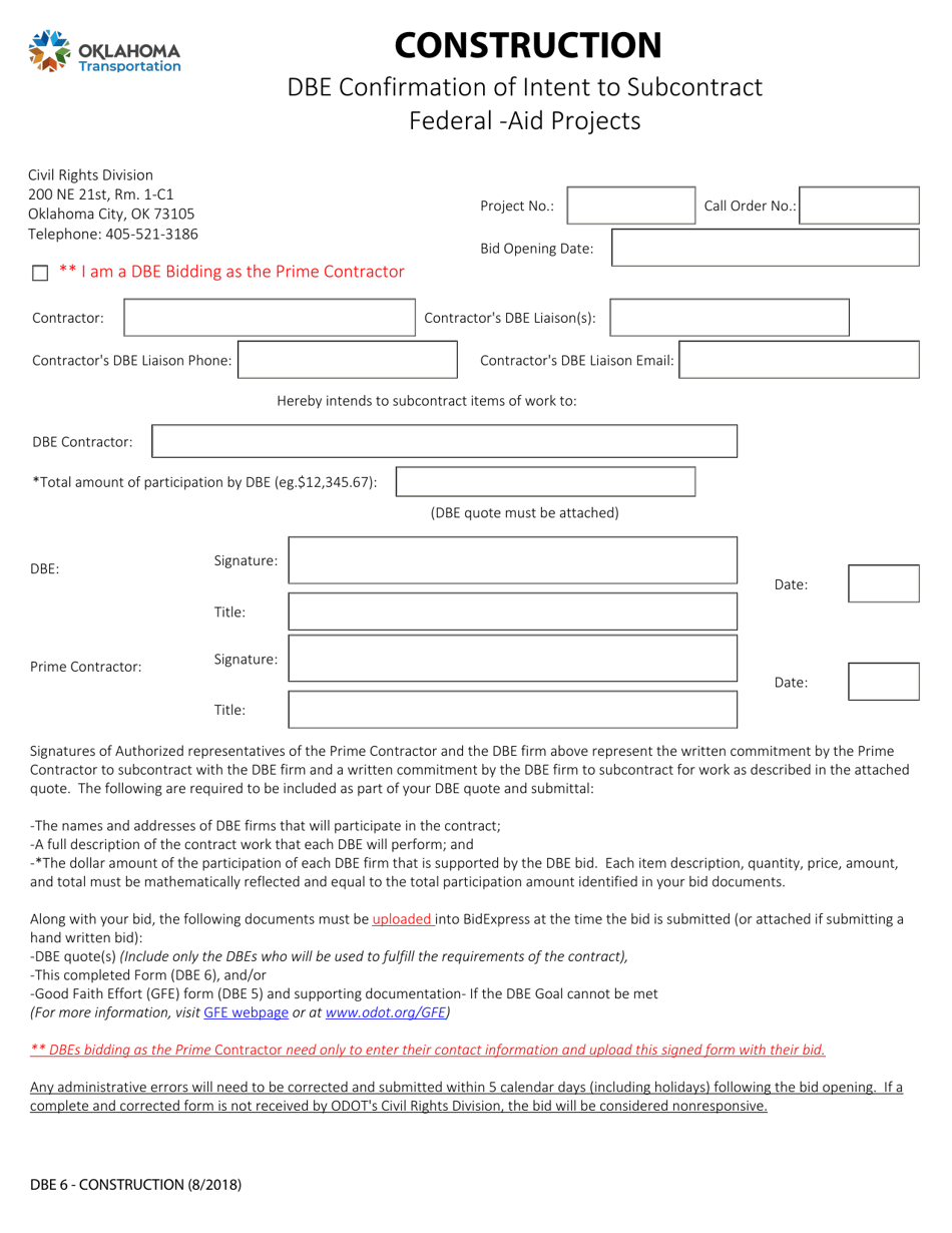 DBE Form 6 - Fill Out, Sign Online and Download Fillable PDF, Oklahoma ...