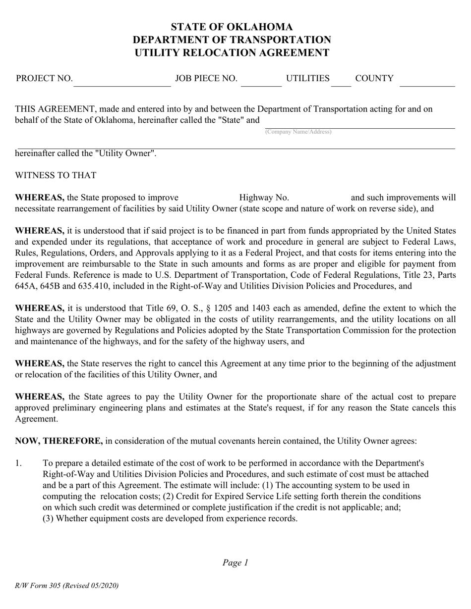 R / W Form 305 Utility Relocation Agreement - Oklahoma, Page 1