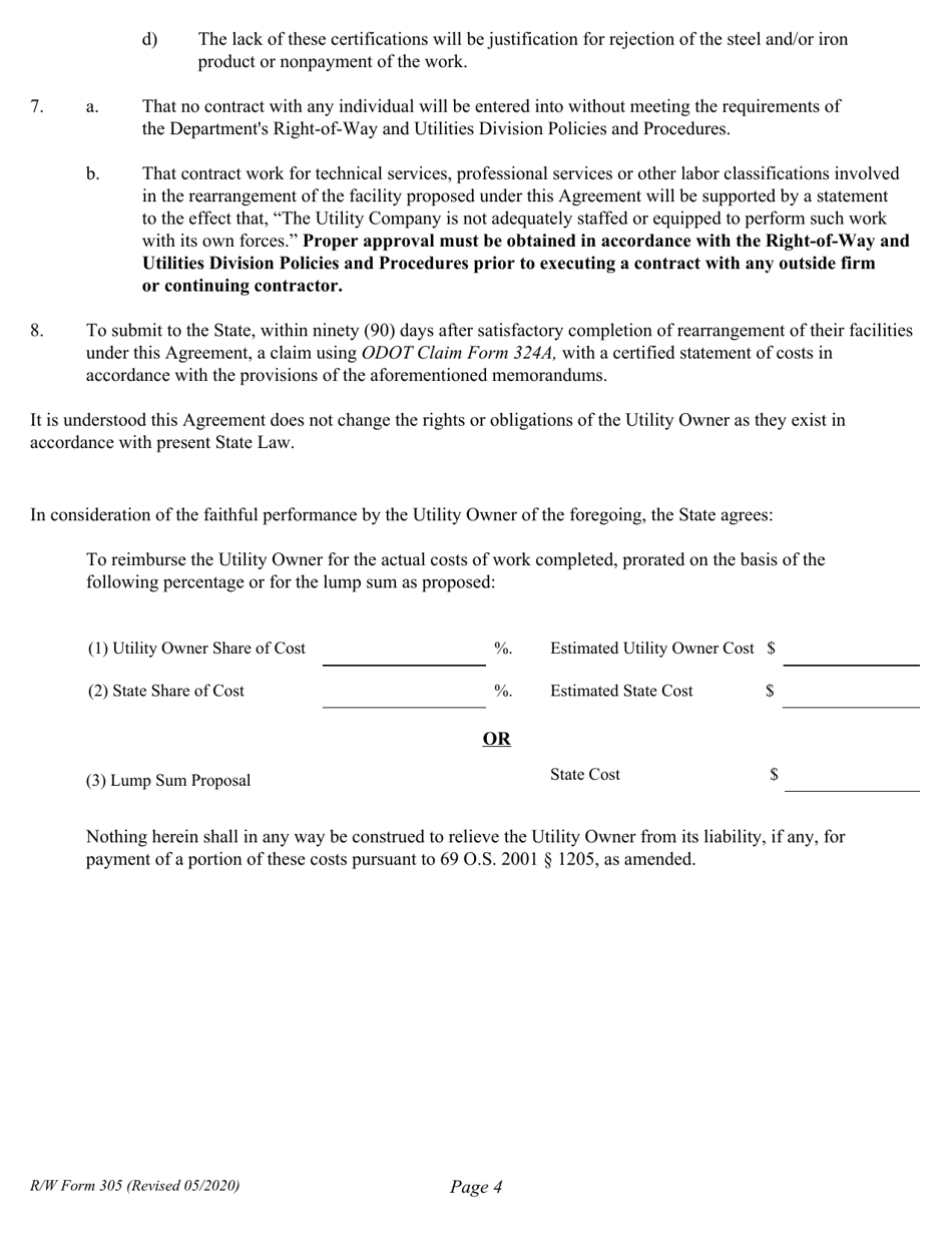 R / W Form 305 Utility Relocation Agreement - Oklahoma, Page 4
