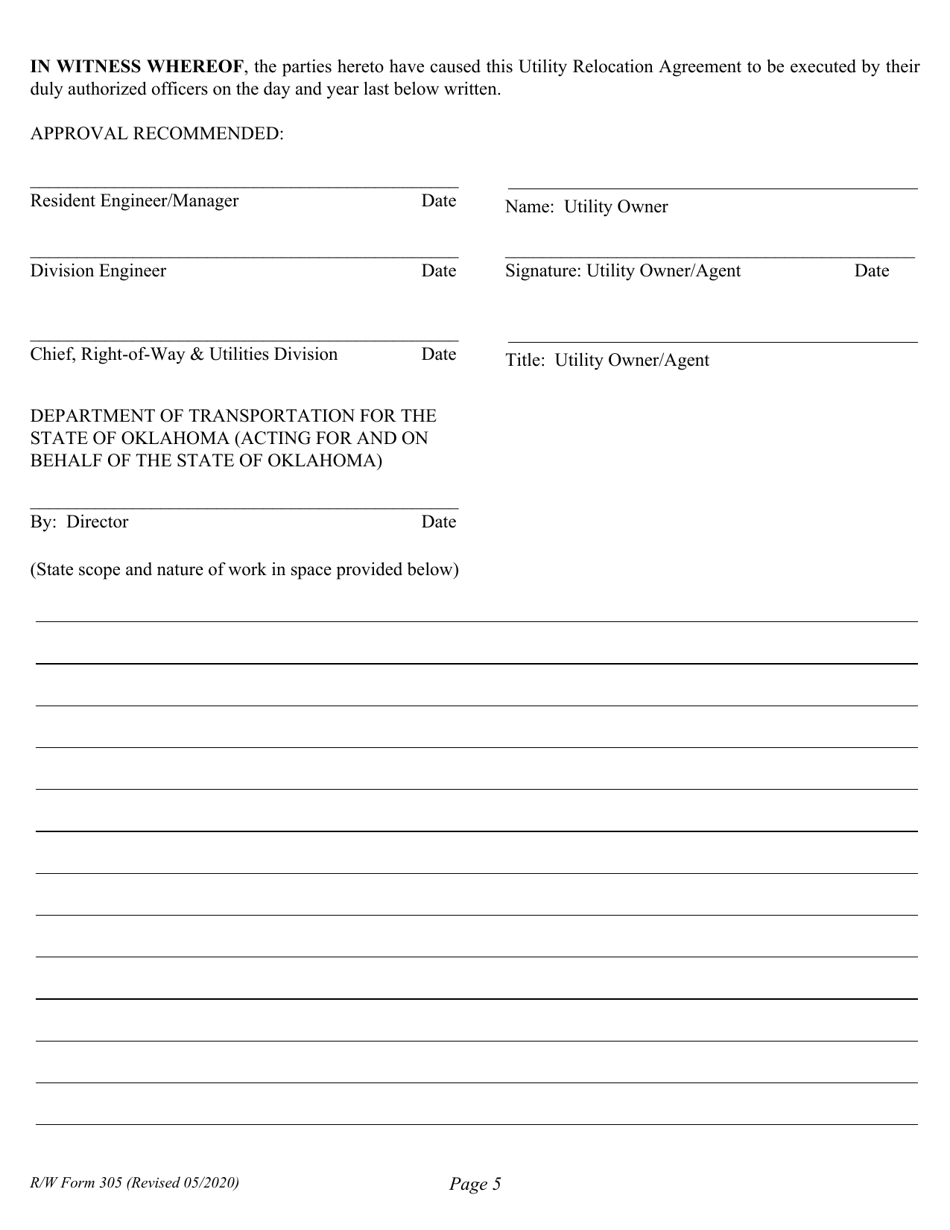 R / W Form 305 Utility Relocation Agreement - Oklahoma, Page 5