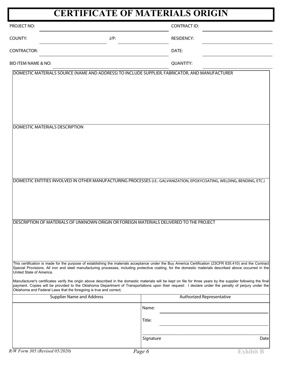 R / W Form 305 Utility Relocation Agreement - Oklahoma, Page 6