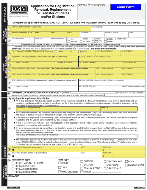 Form 735-268 Application for Registration, Renewal, Replacement or Transfer of Plates and/or Stickers - Oregon