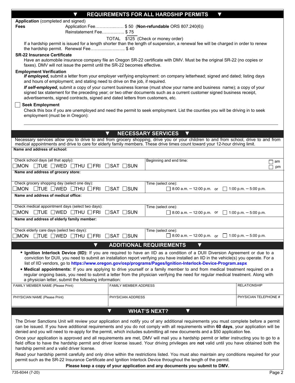 Form 735-6044 Hardship Permit Application - Oregon, Page 2