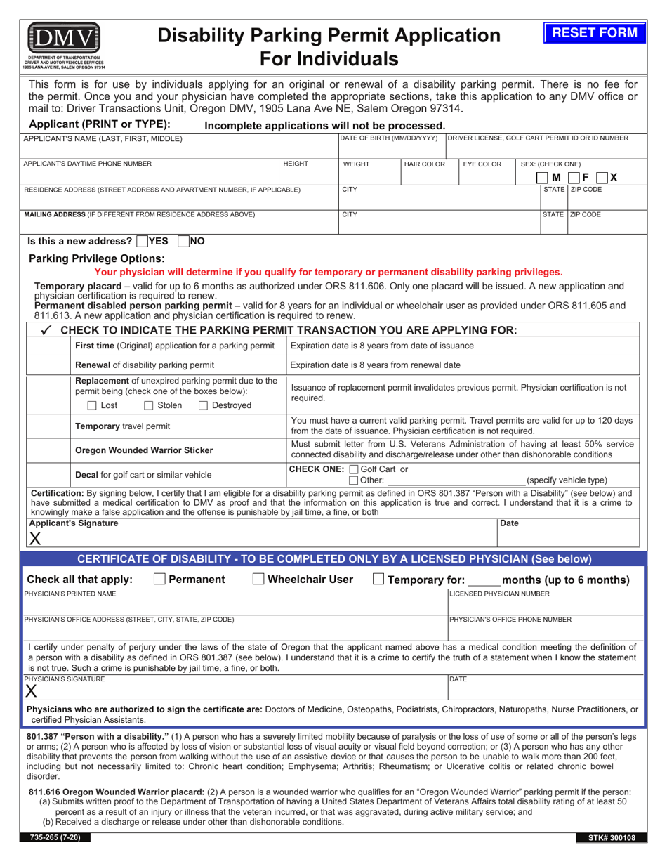 Form 735-265 Disability Parking Permit Application for Individuals - Oregon, Page 3